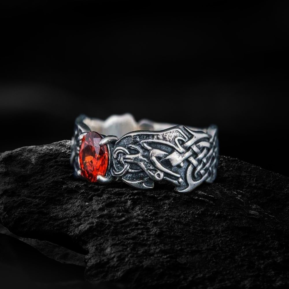 Viking Ring with CZ and Norse Ornament Sterling Silver Viking Jewelry-1