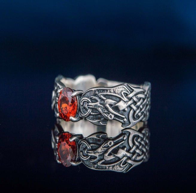 Viking Ring with CZ and Norse Ornament Sterling Silver Viking Jewelry-2