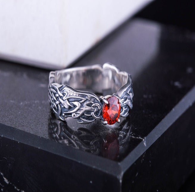 Viking Ring with CZ and Norse Ornament Sterling Silver Viking Jewelry-4