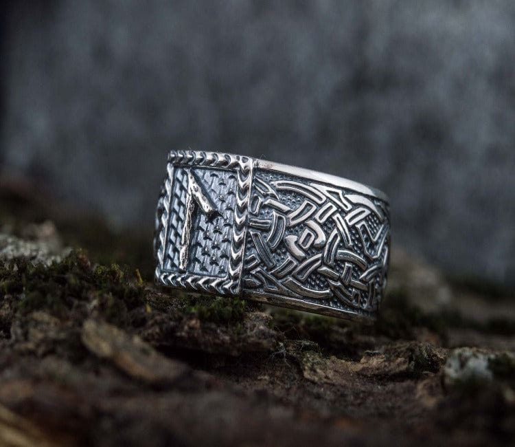 Viking Ring with Laguz Rune and Norse Ornament Sterling Silver Jewelry-1