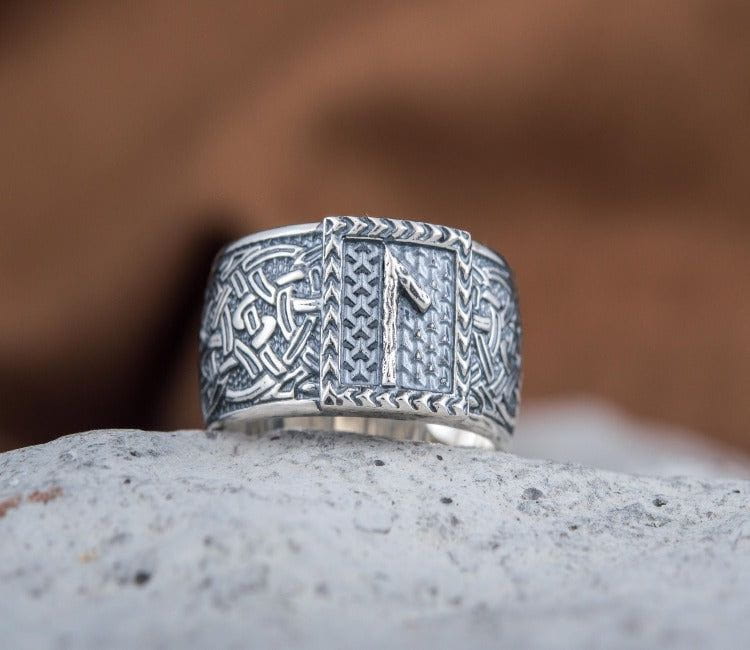 Viking Ring with Laguz Rune and Norse Ornament Sterling Silver Jewelry-4