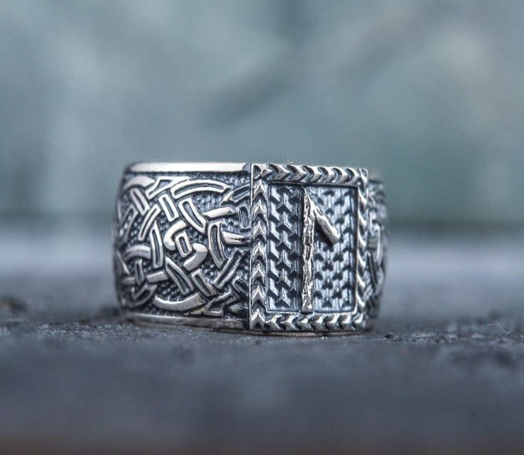 Viking Ring with Laguz Rune and Norse Ornament Sterling Silver Jewelry-5