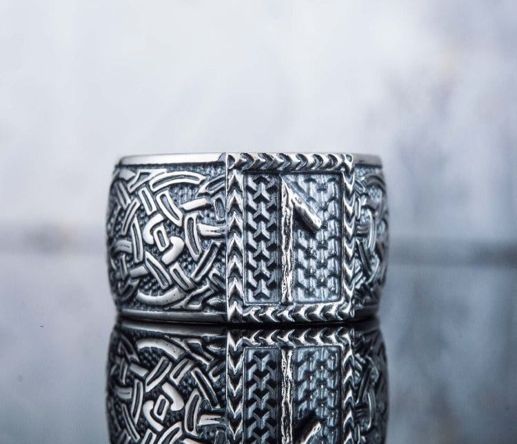 Viking Ring with Laguz Rune and Norse Ornament Sterling Silver Jewelry-6