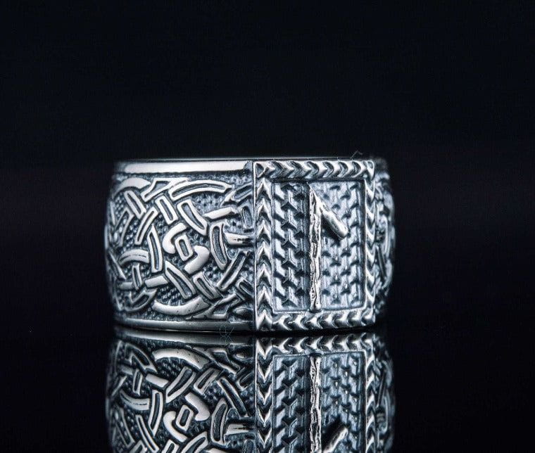 Viking Ring with Laguz Rune and Norse Ornament Sterling Silver Jewelry-7