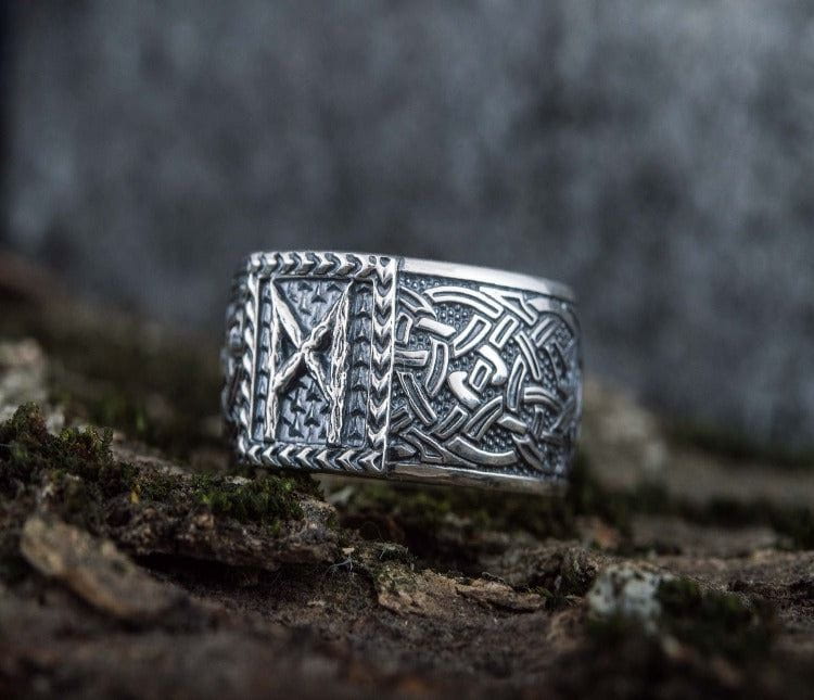 Viking Ring with Mannaz Rune and Norse Ornament Sterling Silver Jewelry-1