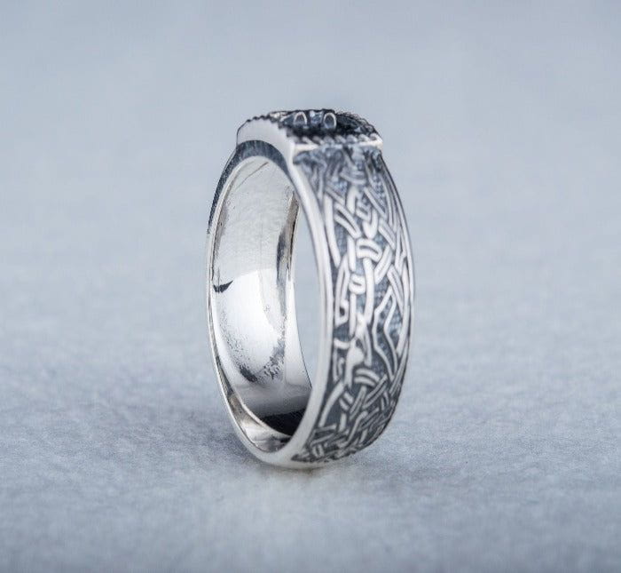 Viking Ring with Mannaz Rune and Norse Ornament Sterling Silver Jewelry-2