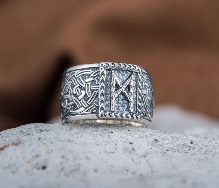 Viking Ring with Mannaz Rune and Norse Ornament Sterling Silver Jewelry-3