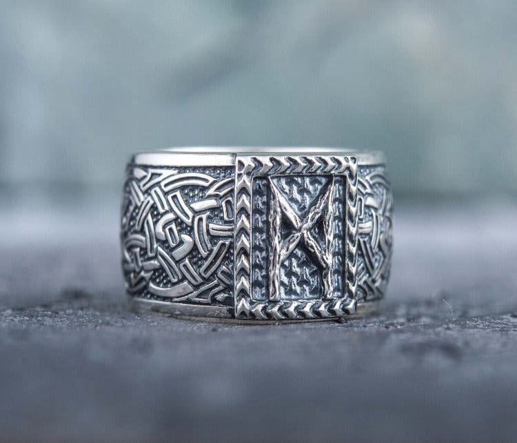 Viking Ring with Mannaz Rune and Norse Ornament Sterling Silver Jewelry-4