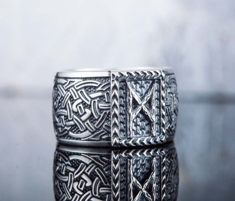 Viking Ring with Mannaz Rune and Norse Ornament Sterling Silver Jewelry-5