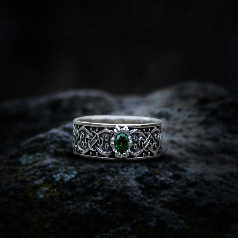 Viking Ring with Scandinavian Ornament and Cubic Zirconia Sterling Silver Unique Jewelry-1