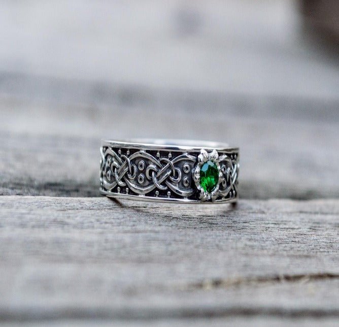Viking Ring with Scandinavian Ornament and Cubic Zirconia Sterling Silver Unique Jewelry-3
