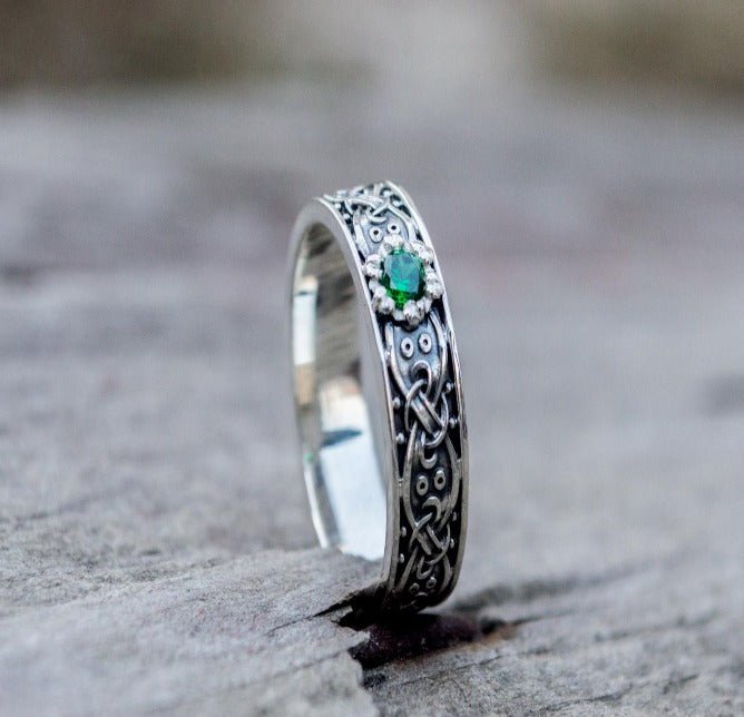Viking Ring with Scandinavian Ornament and Cubic Zirconia Sterling Silver Unique Jewelry-4