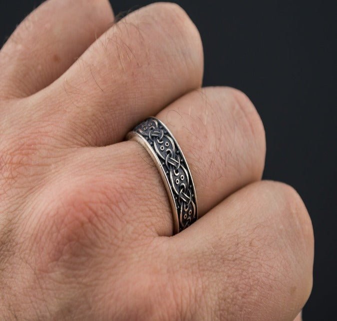 Viking Ring with Scandinavian Ornament Sterling Silver Unique Jewelry-5