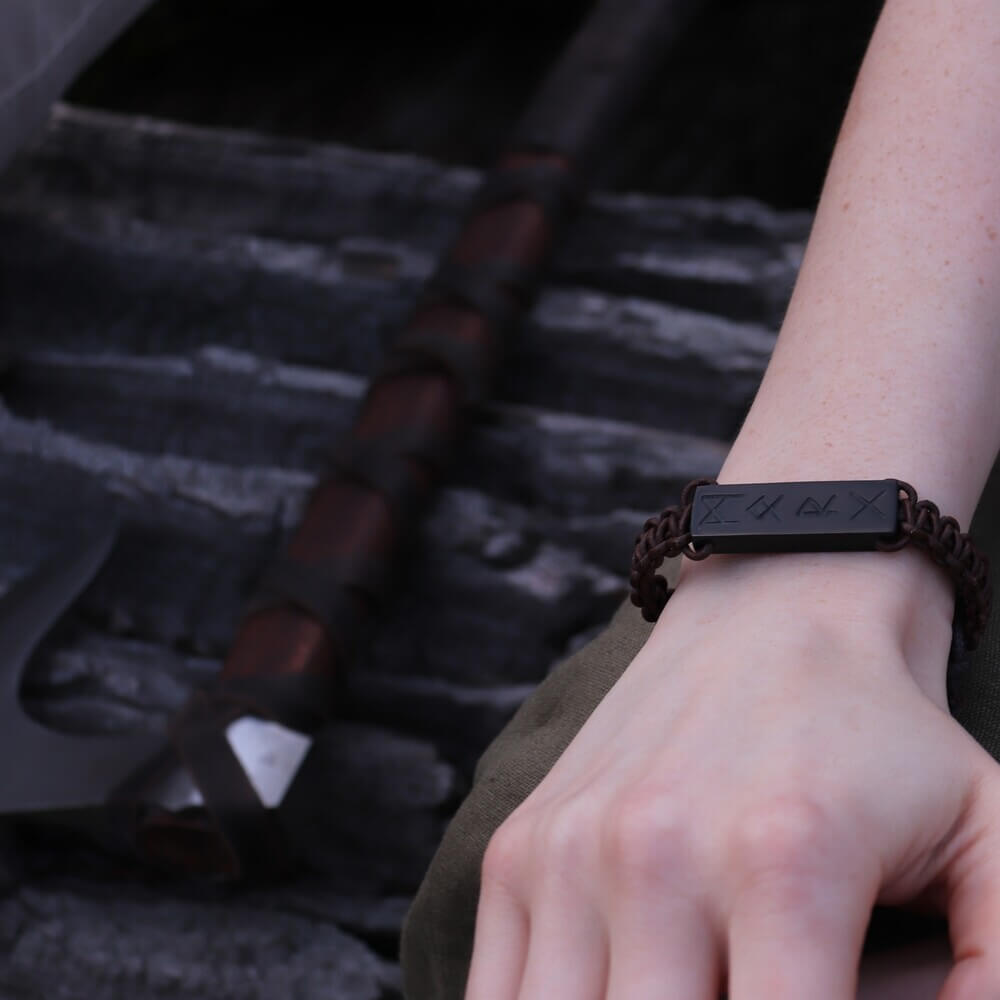 Viking Rune Cord Bracelet with Black Buffalo Horn
