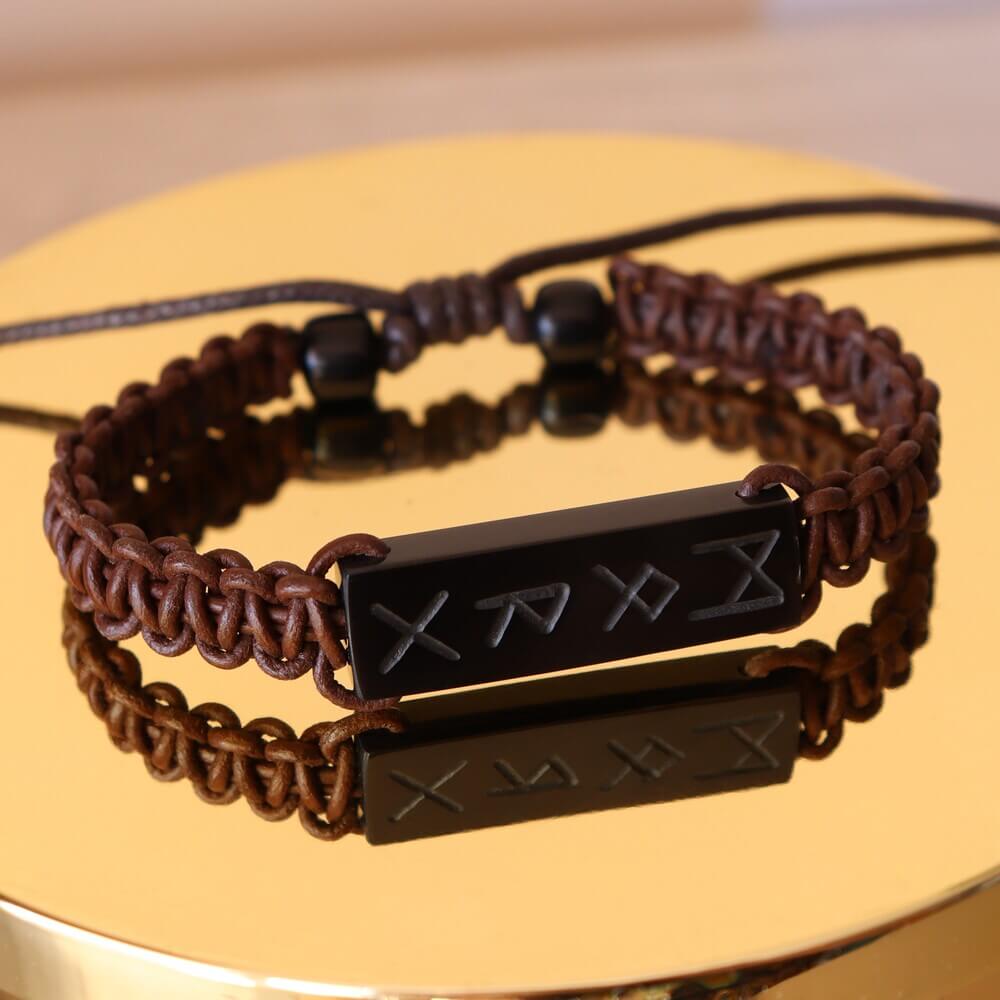 Viking Rune Cord Bracelet with Black Buffalo Horn