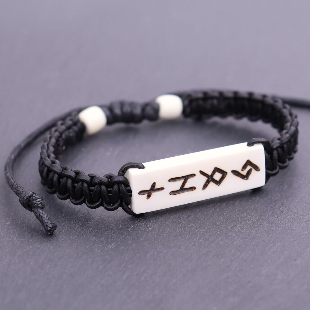 Viking Rune Cord Bracelet with White Deer Bone