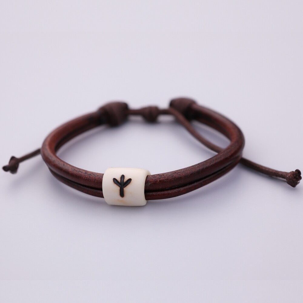Viking Rune Protection Bracelet on Leather and Bone
