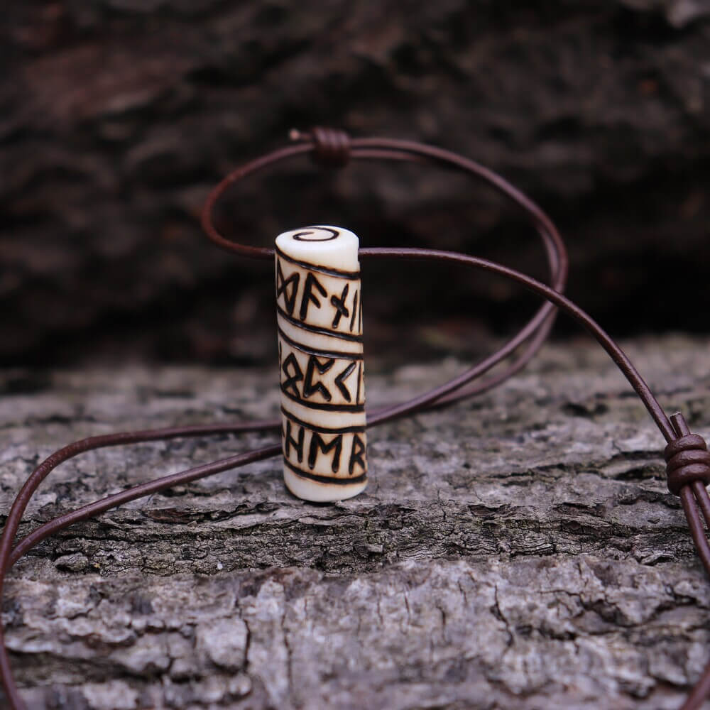 Viking Runic Bone Roller Pendant Necklace on Leather Cord