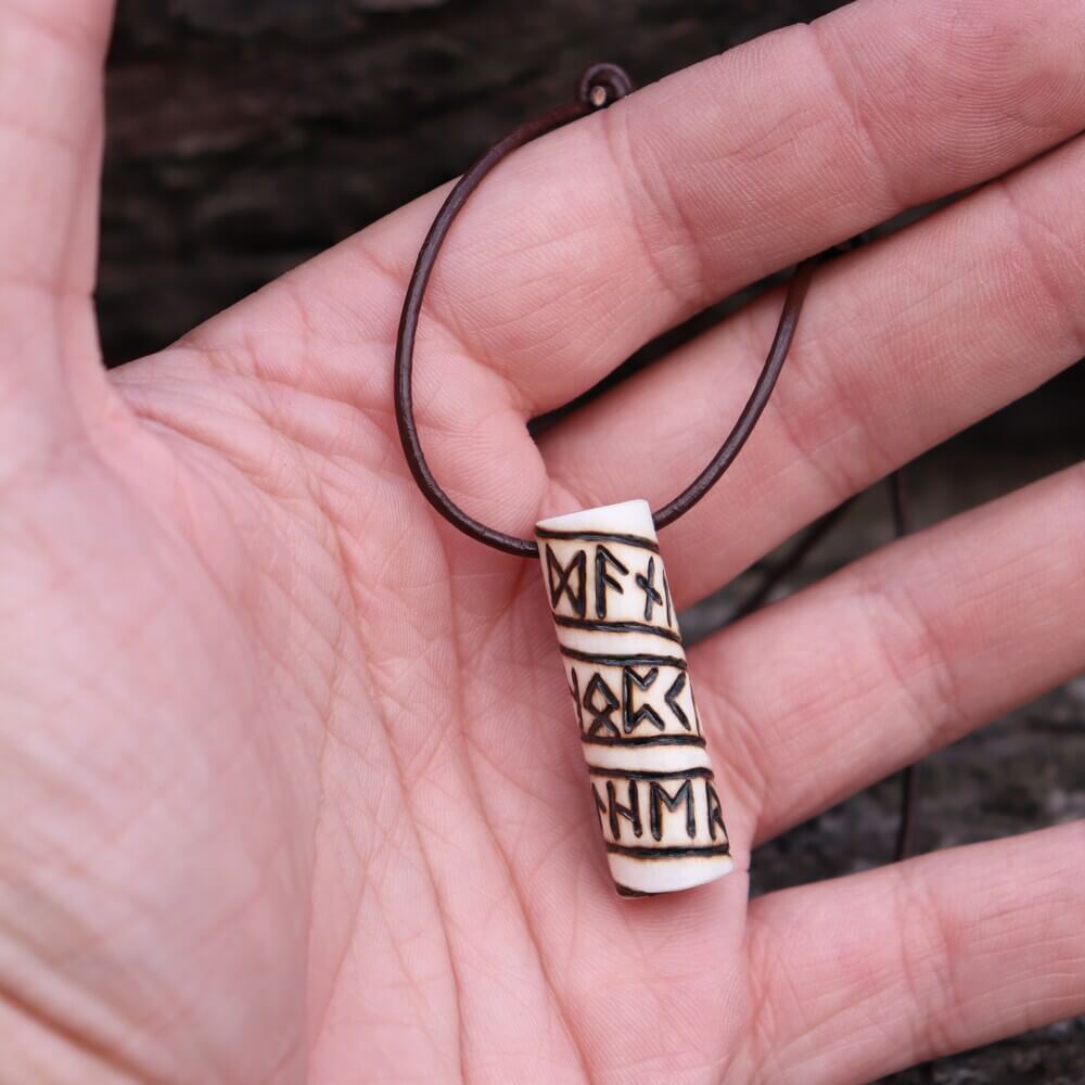Viking Runic Bone Roller Pendant Necklace on Leather Cord