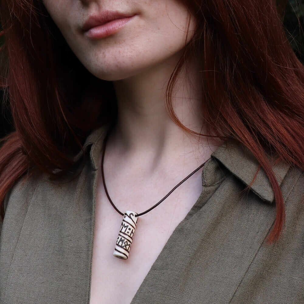 Viking Runic Bone Roller Pendant Necklace on Leather Cord