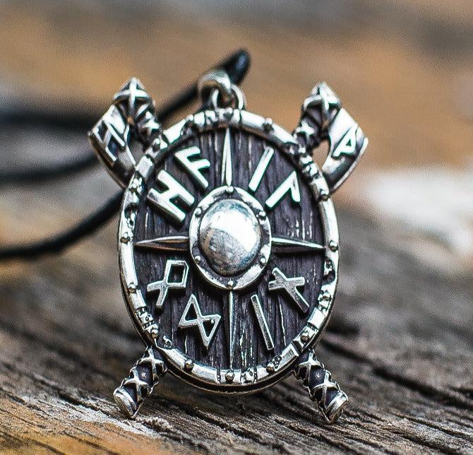Viking Shield with Axes and Runes Sterling Silver Pendant Viking Jewelry-2
