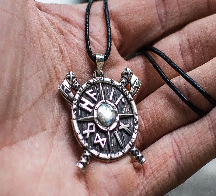 Viking Shield with Axes and Runes Sterling Silver Pendant Viking Jewelry-3