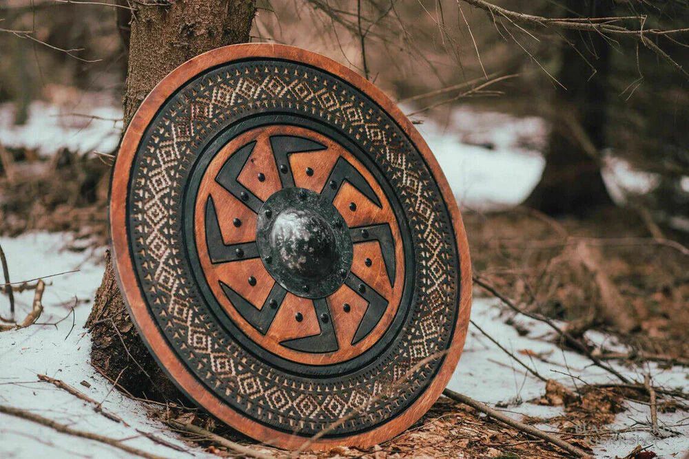 Viking Shield with Carved Kolovrat Symbol