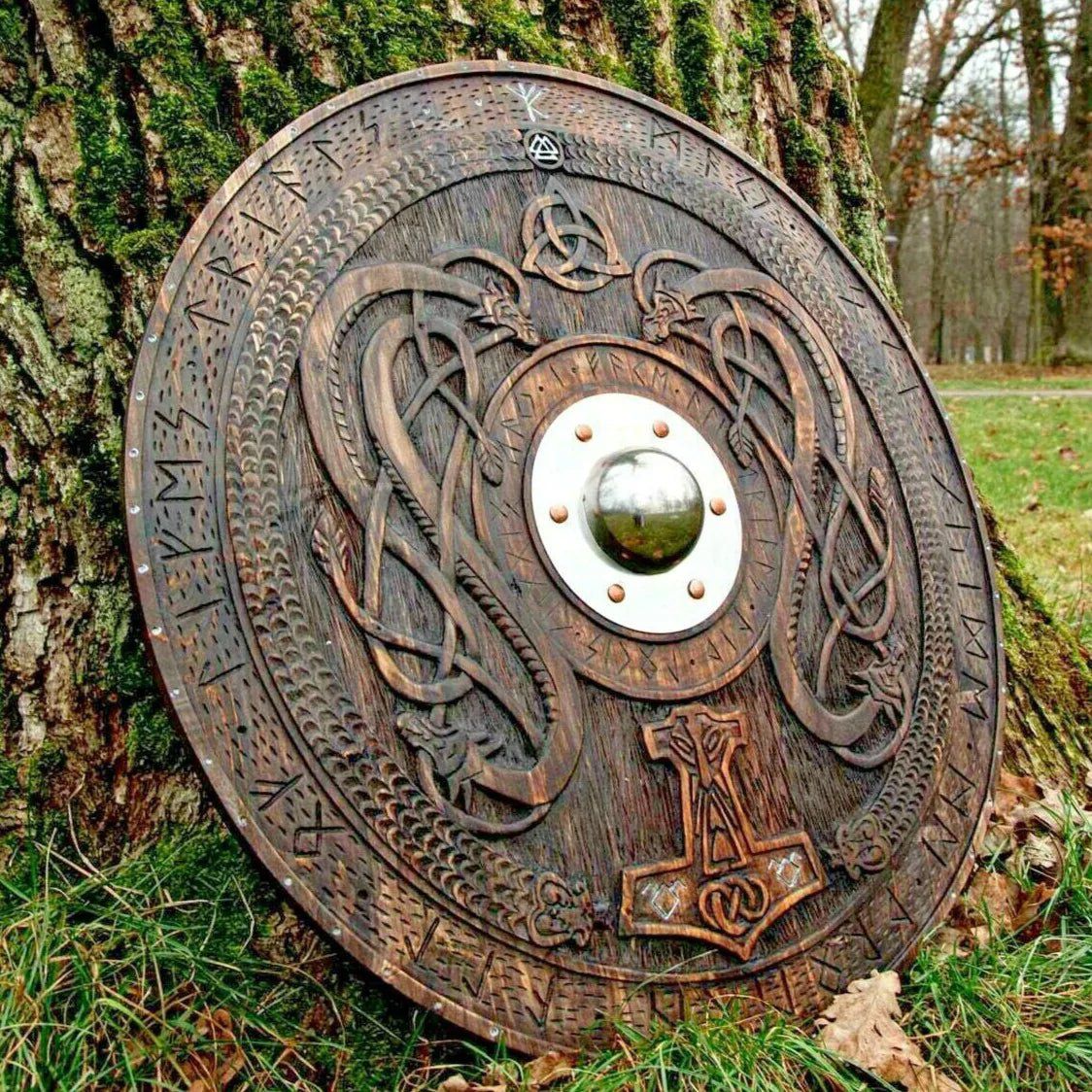 Viking Shield With Carved Norse Runic Ornaments