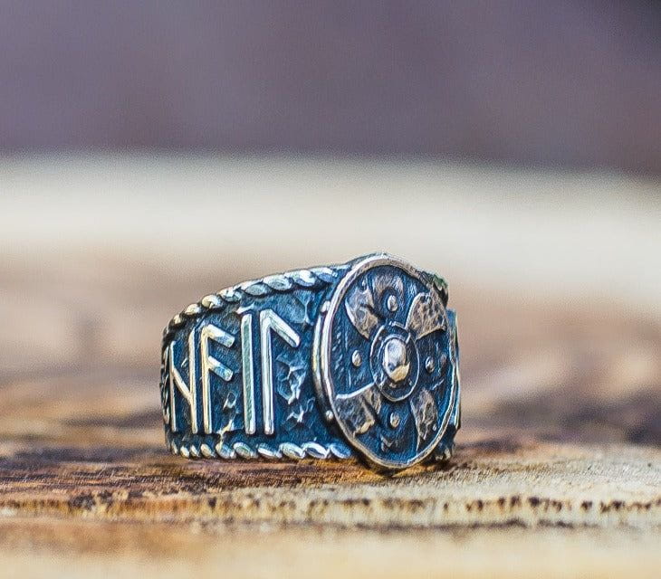 Viking Shield With HAIL ODIN Runes Sterling Silver Ring-3