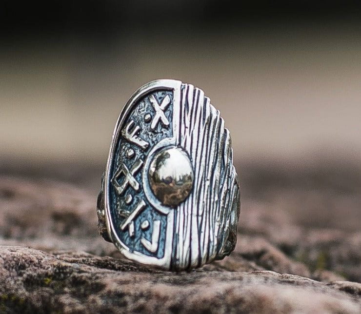 Viking Shield With Runes and Wooden Texture Sterling Silver Pagan Ring-1