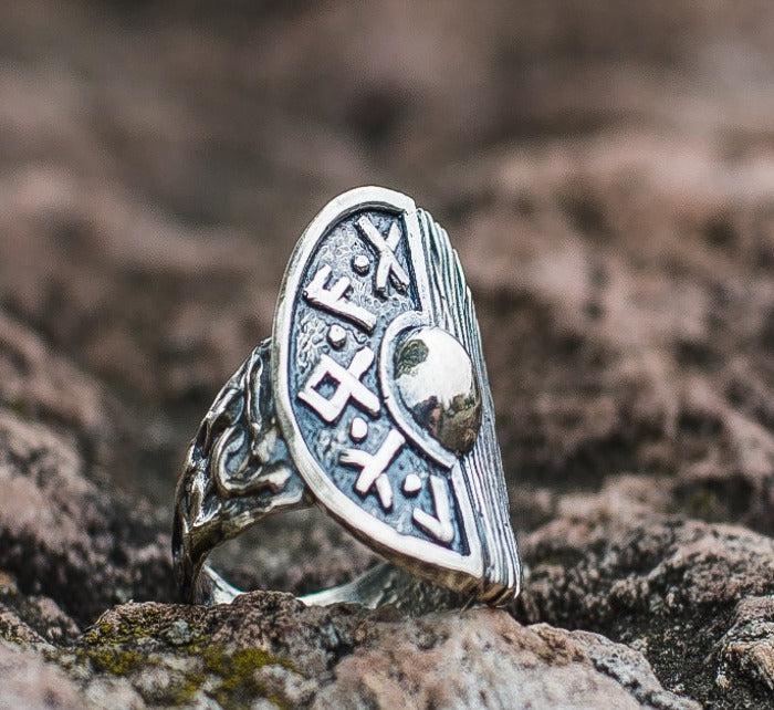 Viking Shield With Runes and Wooden Texture Sterling Silver Pagan Ring-2