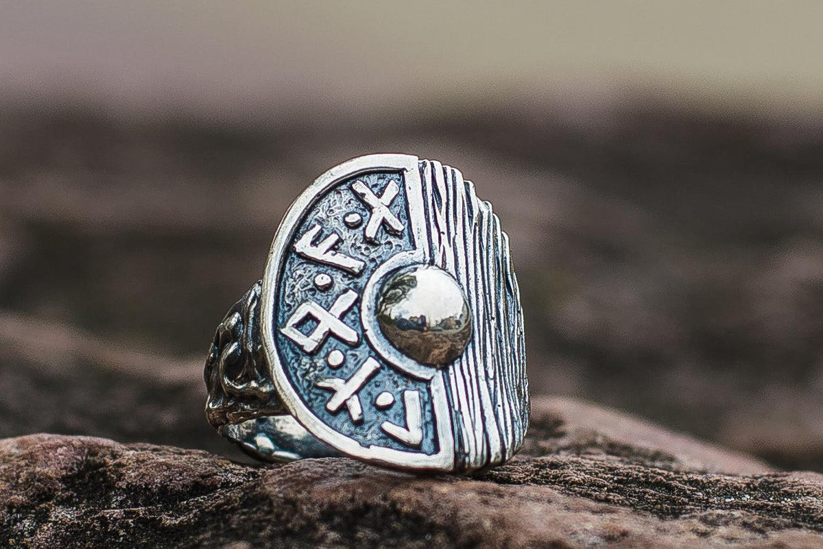 Viking Shield With Runes and Wooden Texture Sterling Silver Pagan Ring-3