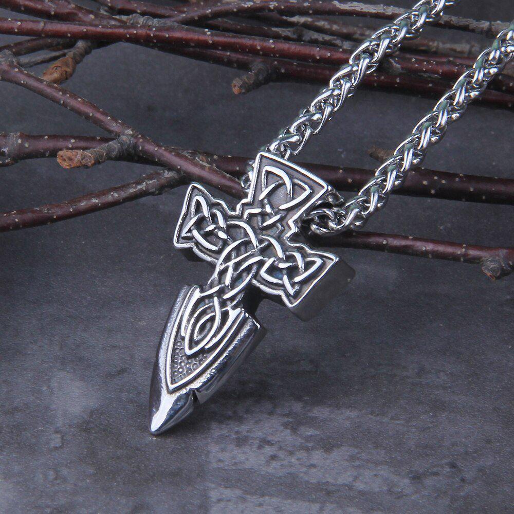 Viking Spear Point with Cross Amulet Necklace-3