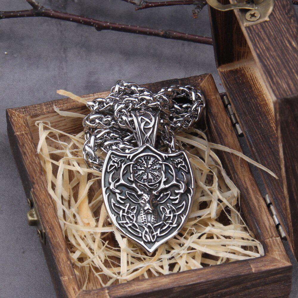 Viking Stag Shield Protection Rune Necklace