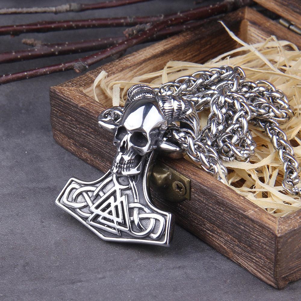 Viking Stainless Hammer Skull Chain Necklace-1