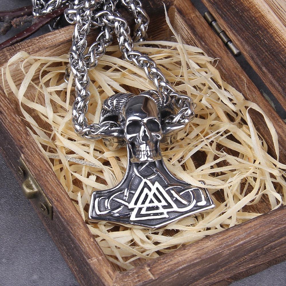 Viking Stainless Hammer Skull Chain Necklace-2