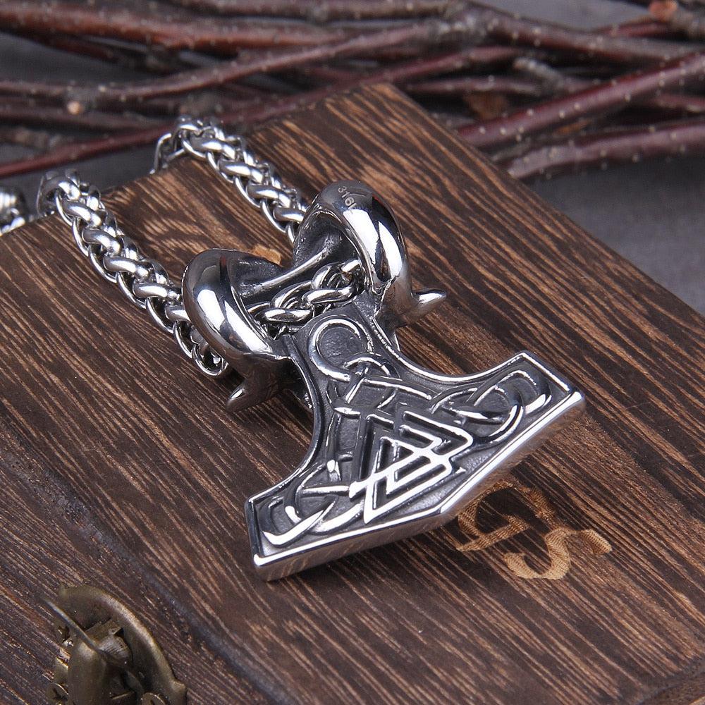 Viking Stainless Hammer Skull Chain Necklace-6