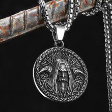 Viking Stainless Steel Odin Raven Necklace with Huginn and Muninn ravens, Yggdrasil tree, and Celtic knot border on box chain