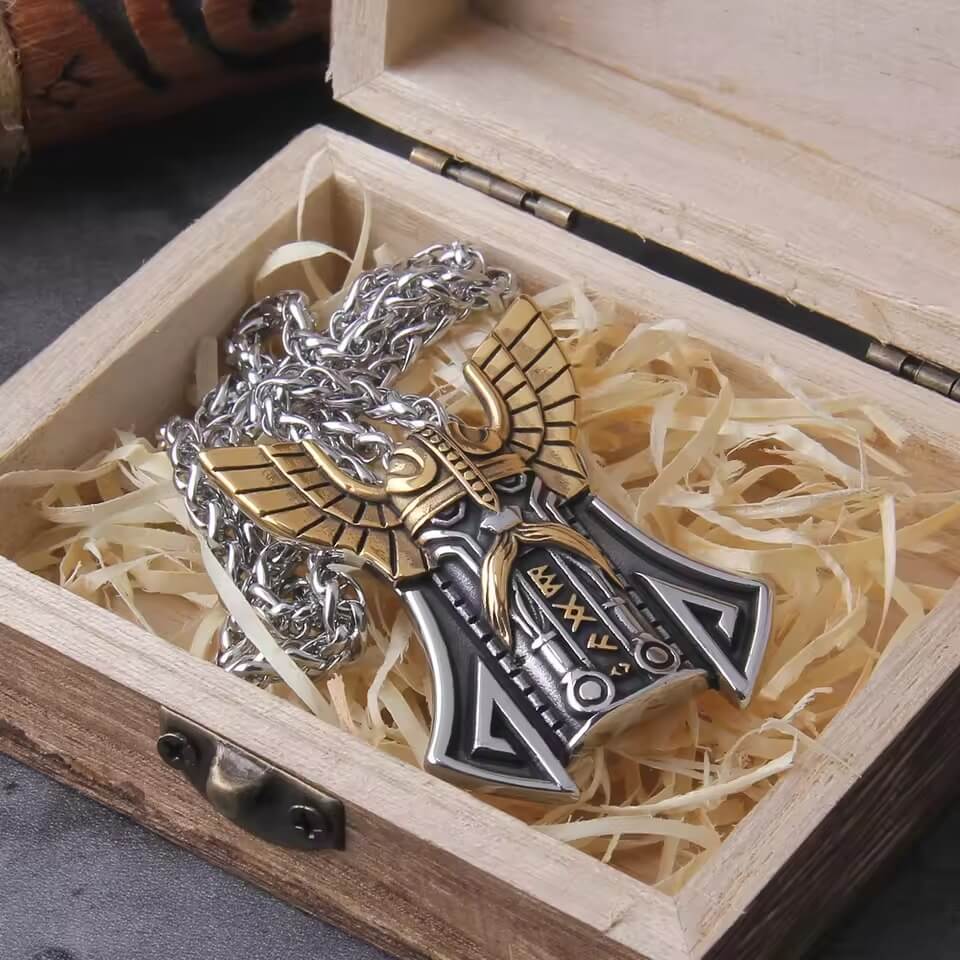 Viking Stainless Steel Thor's Hammer Wing Necklace