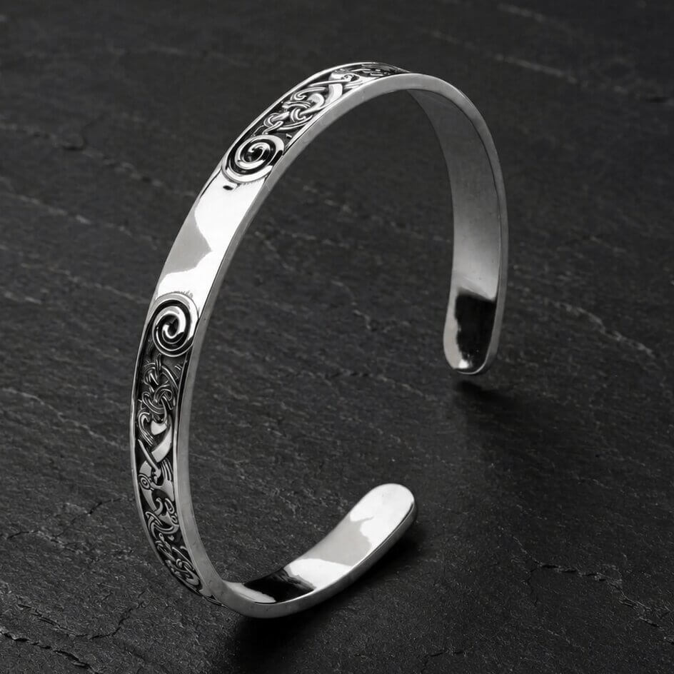 Viking Sterling Silver Cuff Bracelet featuring Celtic Spiral Knotwork - polished open cuff with spiral motifs and interwoven Celtic designs