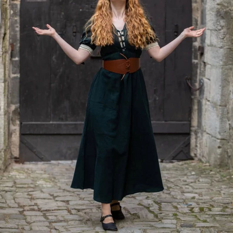 Viking Summer Dress in Green with Laced Front and Sleeves-2