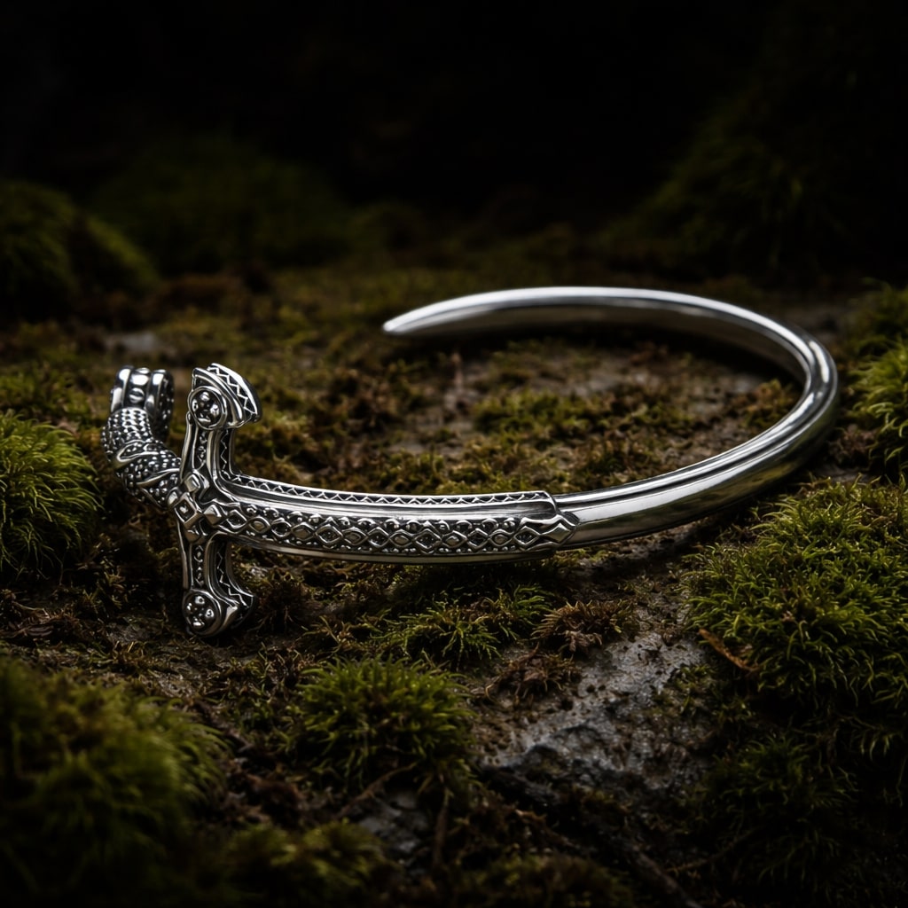 Close-up of a silver Viking Sword Bangle Bracelet with intricate Norse detailing, resting on moss-covered ground.
