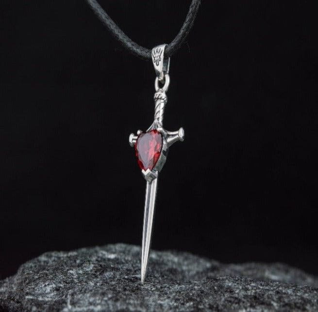 Viking Sword Pendant with Red Cubic Zirconia Sterling Silver Handmade Jewelry-1