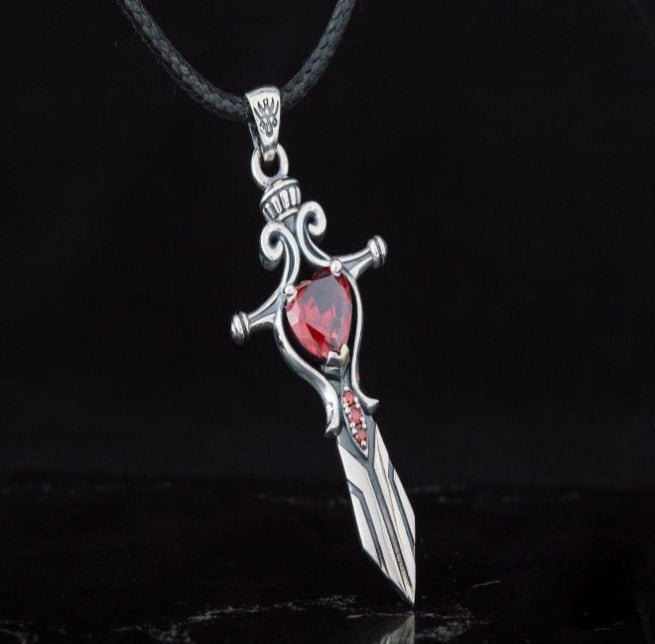 Viking Sword Pendant with Red Cubic Zirconia Sterling Silver Handmade Jewelry-1