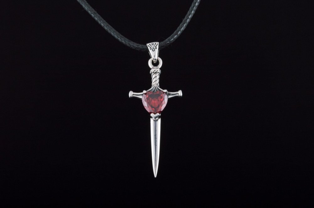 Viking Sword Pendant with Red Cubic Zirconia Sterling Silver Handmade Jewelry-2