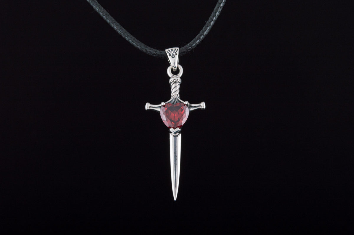 Viking Sword Pendant with Red Cubic Zirconia Sterling Silver Handmade Jewelry-2