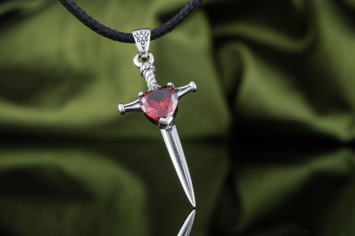 Viking Sword Pendant with Red Cubic Zirconia Sterling Silver Handmade Jewelry-3