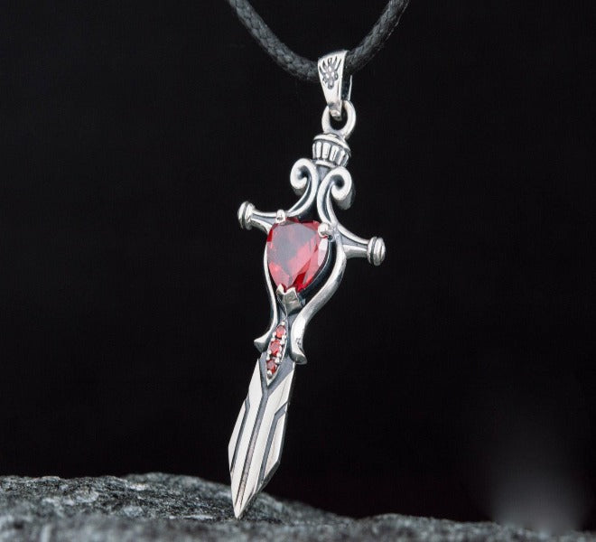 Viking Sword Pendant with Red Cubic Zirconia Sterling Silver Handmade Jewelry-3