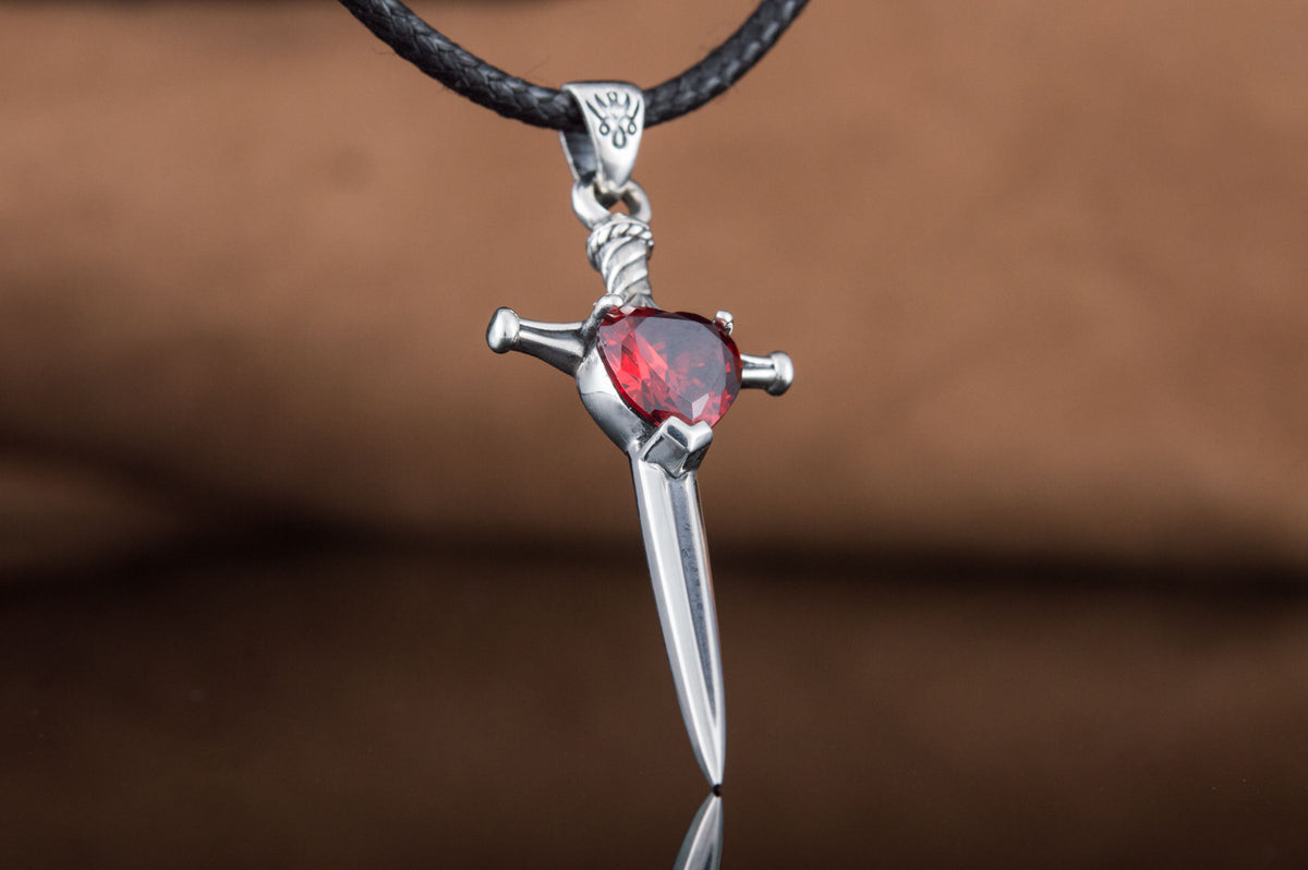 Viking Sword Pendant with Red Cubic Zirconia Sterling Silver Handmade Jewelry-4