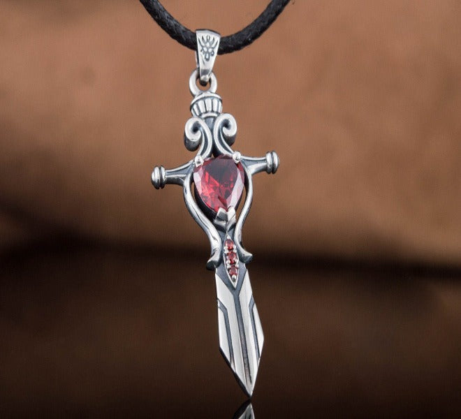 Viking Sword Pendant with Red Cubic Zirconia Sterling Silver Handmade Jewelry-5